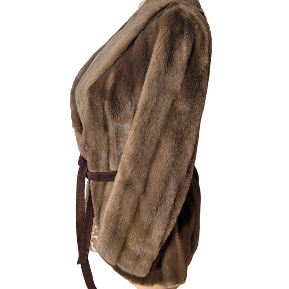 Luxurious Faux Fur & Leather Belted Coat Jacket Made In England - Picture 16 of 16